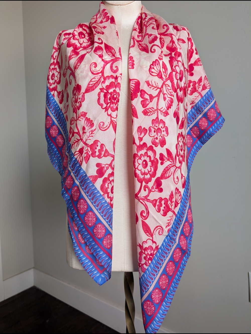 Large Floral Pink & Blue 100% Silk Scarf 39.5"
